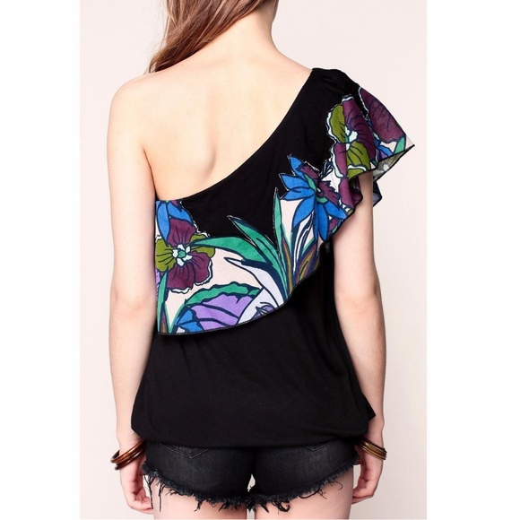 Free People Annka Ruffle One-Shoulder Tank BLACK - Picture 3 of 5